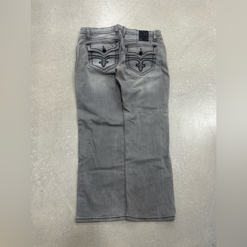 Rock Revival Jeans Men Grey Thick Stitch Studded Rock Punk Moto Flap Pockets Y2K